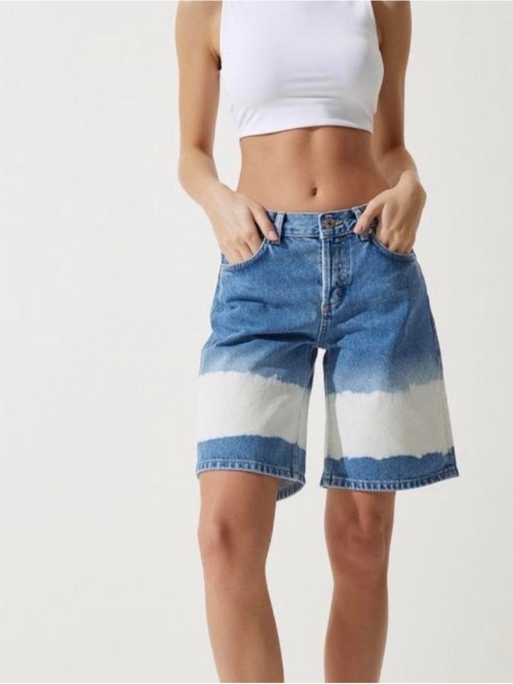MNG Mango Blue and White Dip-Stripe Denim Bermuda Shorts size 10